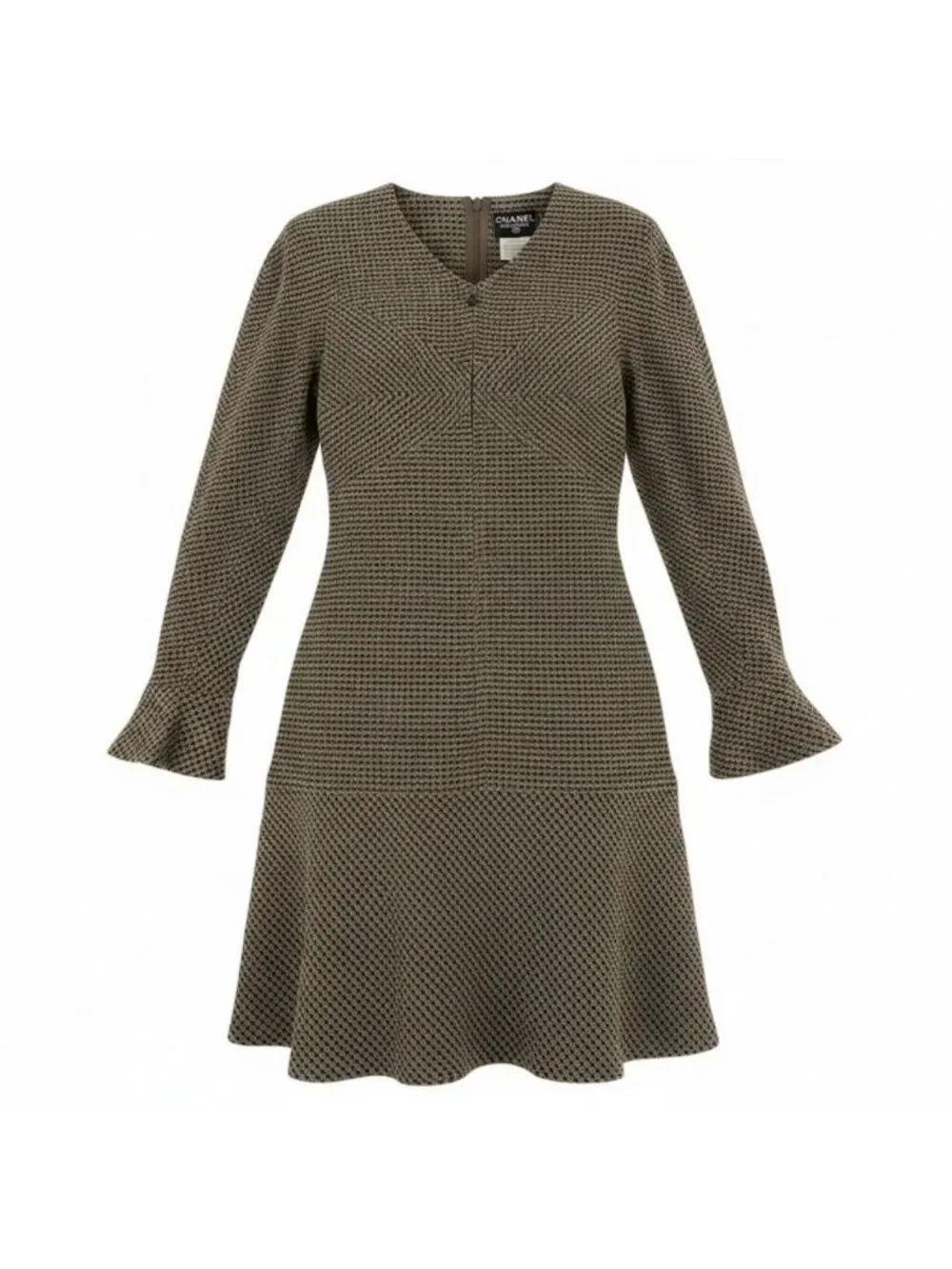 Chanel Front Zip Tweed Dress CC Logo Brown Black Wool Lycra